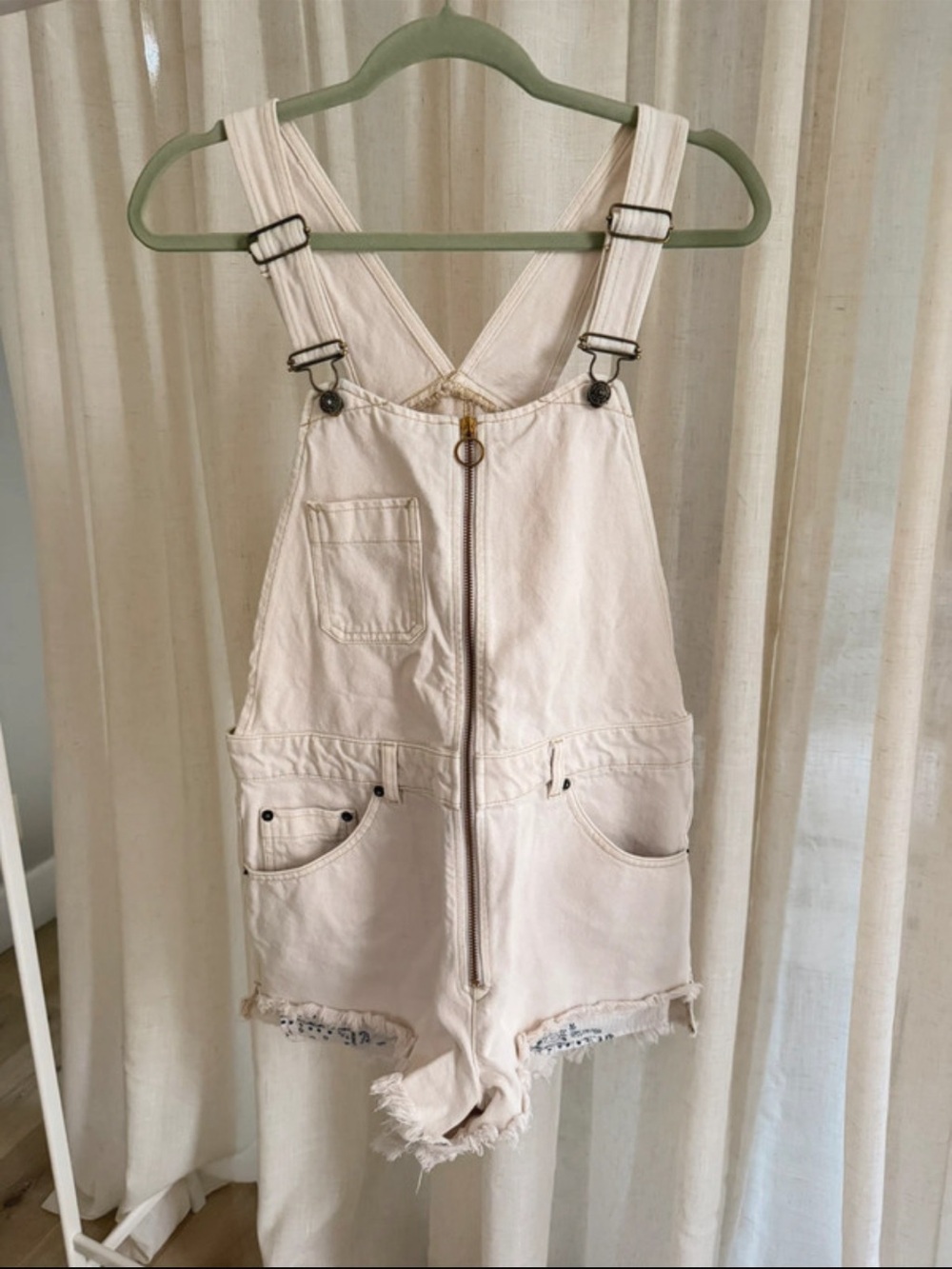 We the free Shortalls Cream Zip-Front Denim Overall jumpsuit